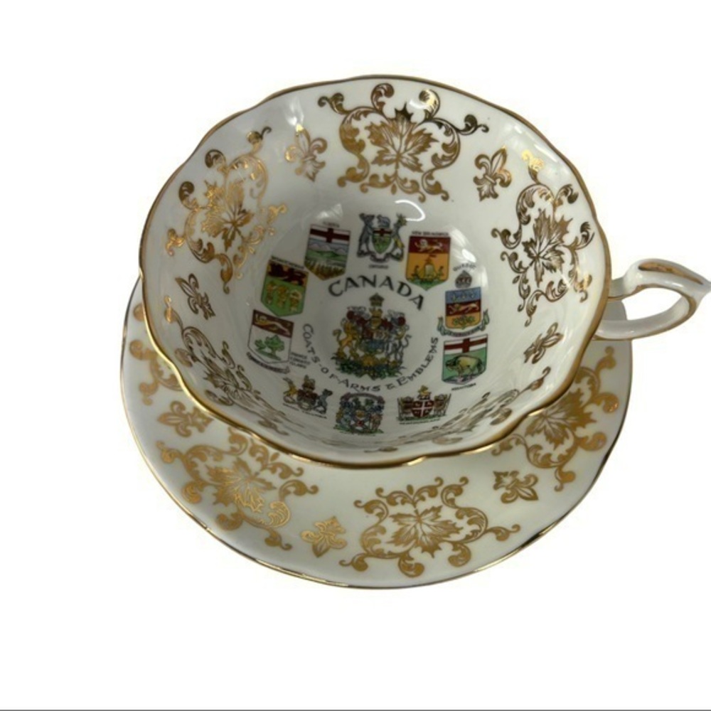Vintage Paragon Tea Cup Saucer Set England Gold Canada Coat of Arms Bone China